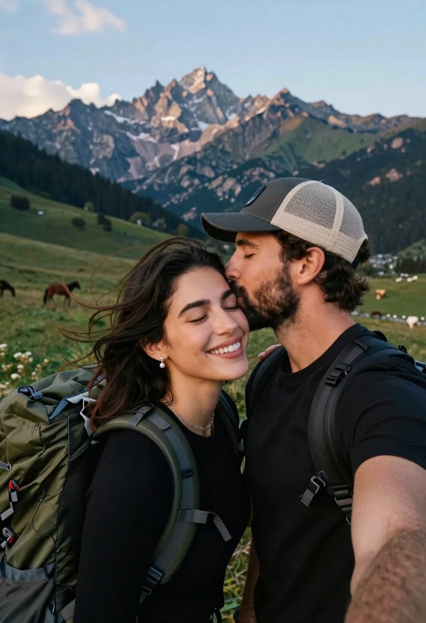 Close-up selfie of a smiling woman with dark hair against a dramatic mountain landscape at dusk, illuminated by warm sunset light.
