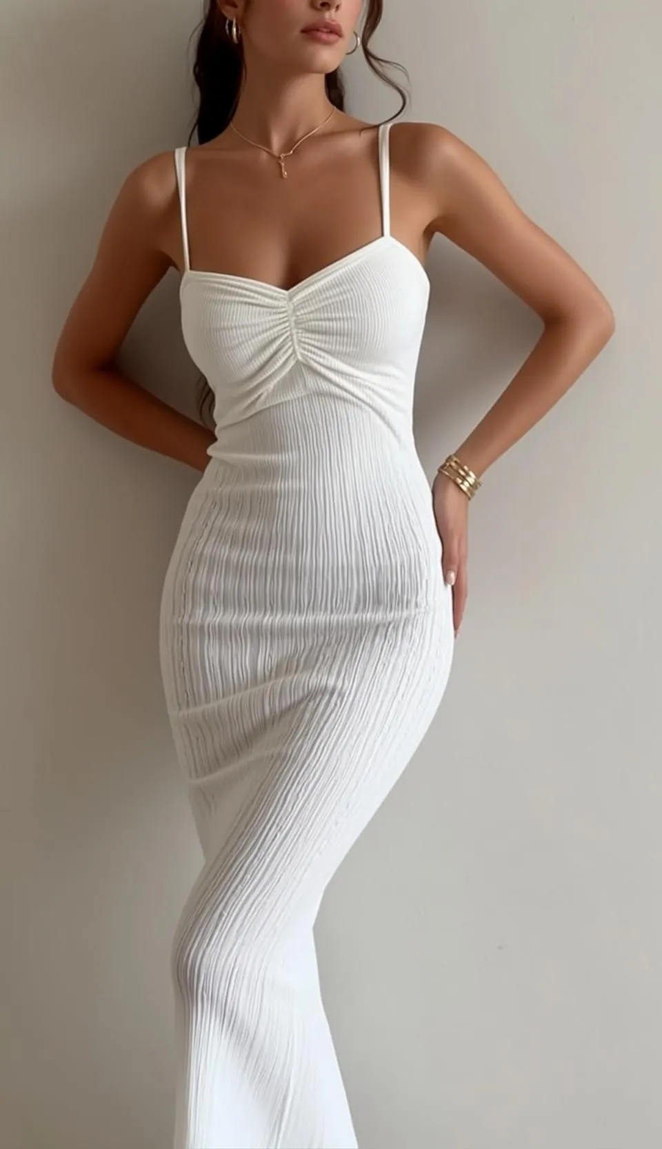 White Ribbed Midi Dress Gold Jewelry