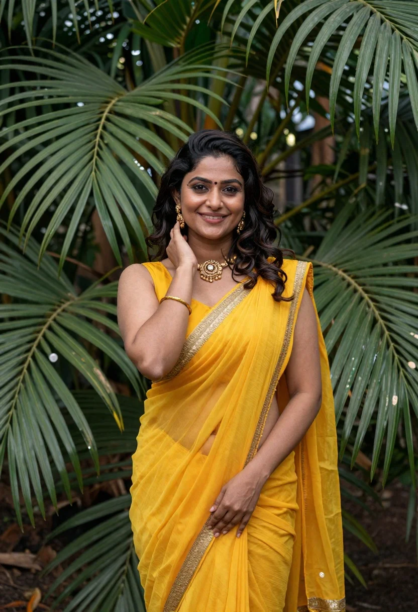 Smiling Woman Wearing Bright Yellow Saree Stands Front Lush Green reference photo