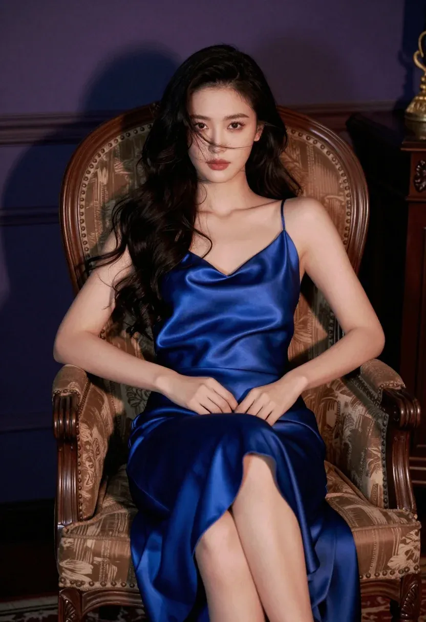 Woman With Long Dark Hair Sits High-backed Vintage Armchair Wearing
