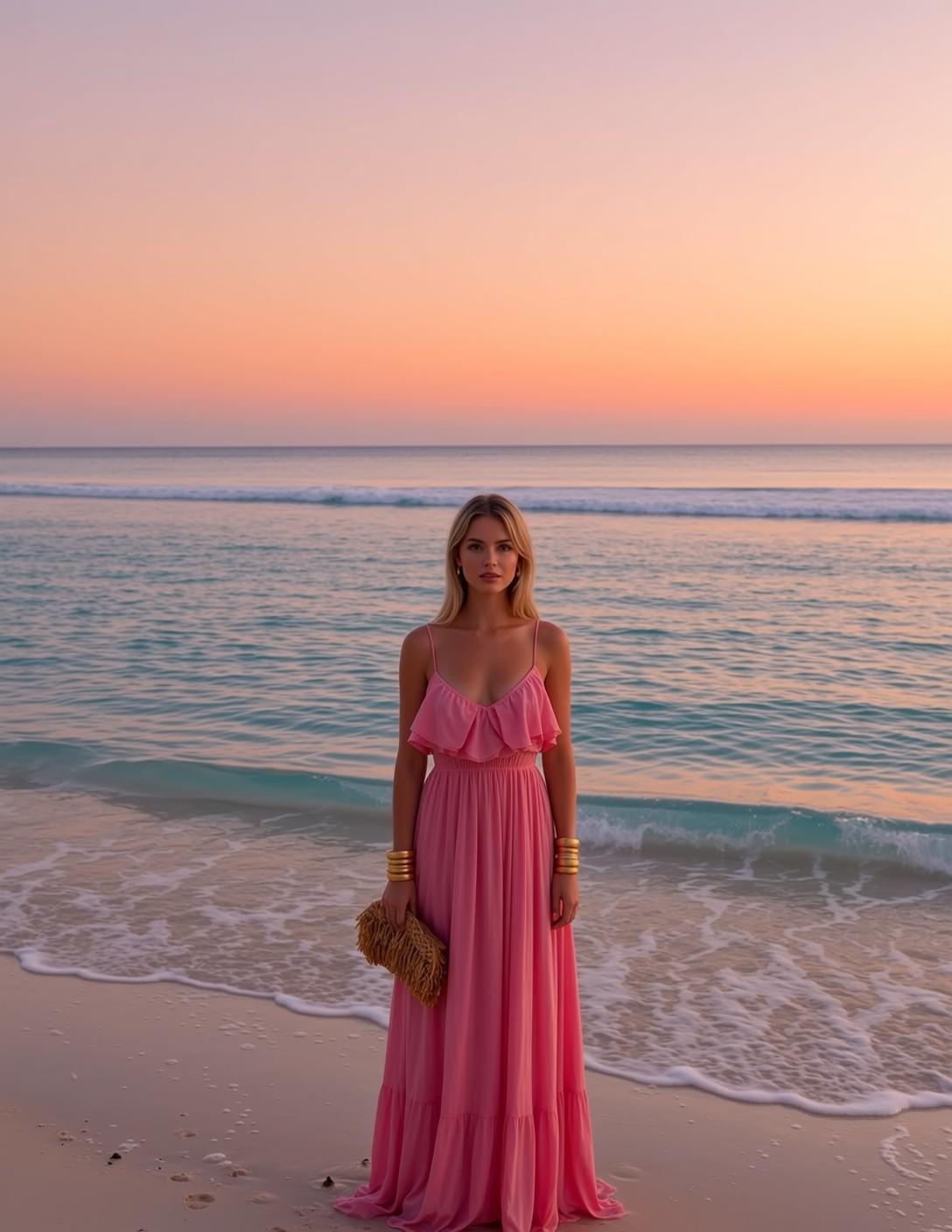 Pink Ruffle Dress Sunset Beach