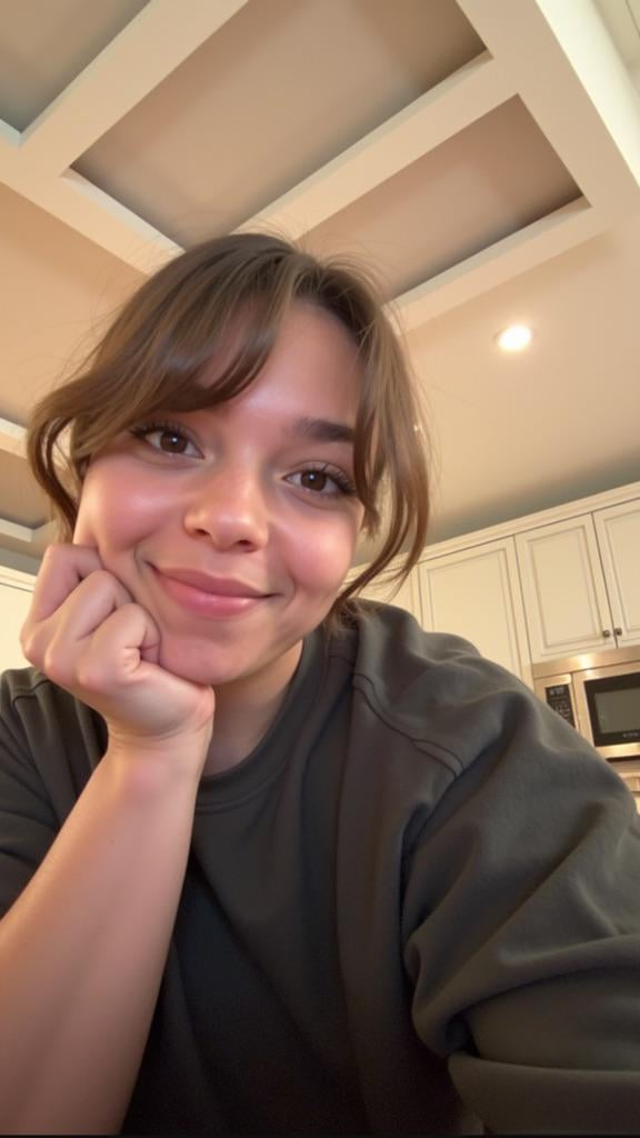 Close-up selfie of a woman resting her chin on her hand in a modern kitchen with a gentle smile.
