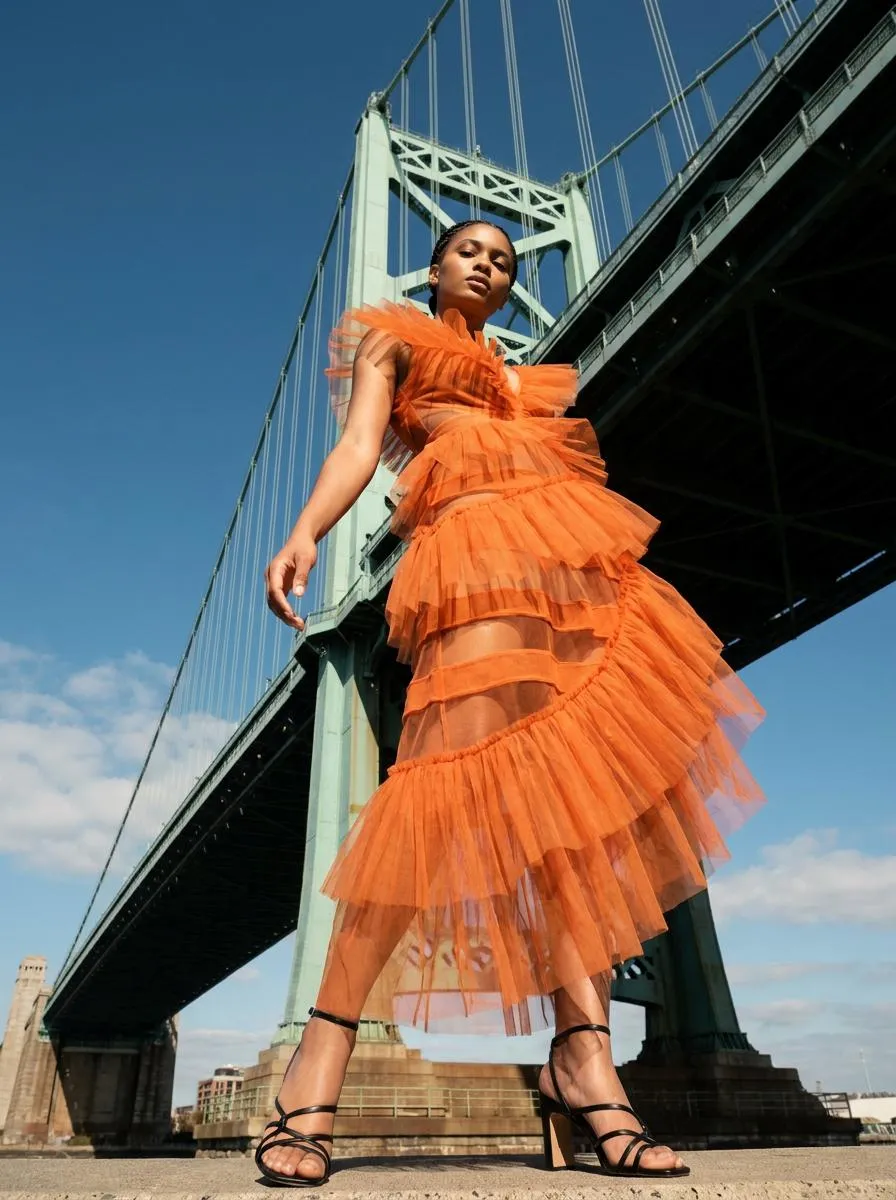 Fashion Portrait Under Steel Suspension Bridge