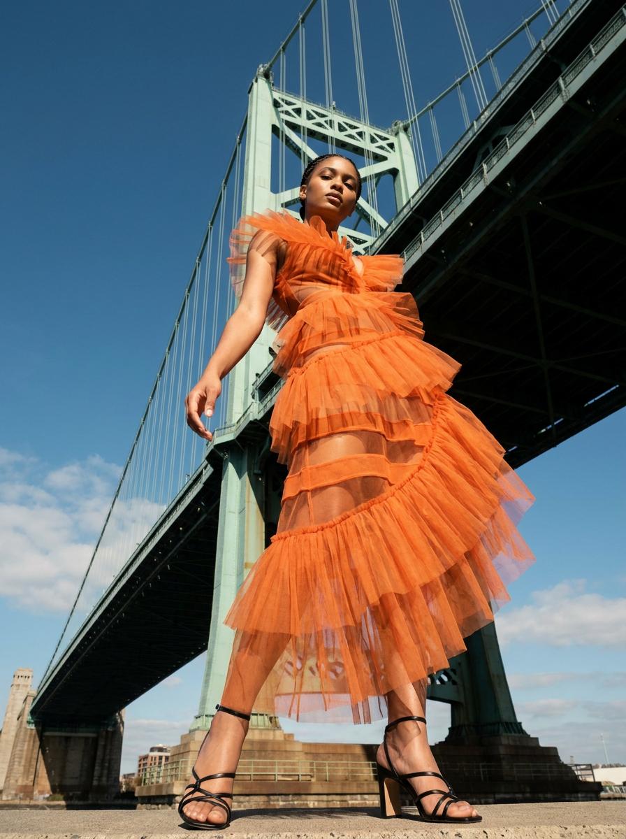 Fashion Portrait Under Steel Suspension Bridge