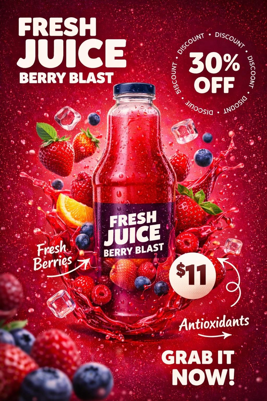 A vertical poster featuring a realistic juice bottle with condensation, surrounded by a colorful splash of juice, ice cubes, and decorative elements.
