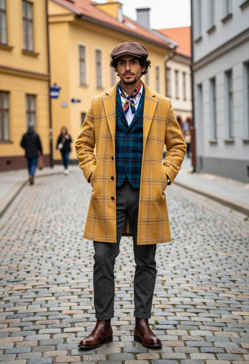 Stylish Man Stands Confidently The Center Cobblestone Street Lined With