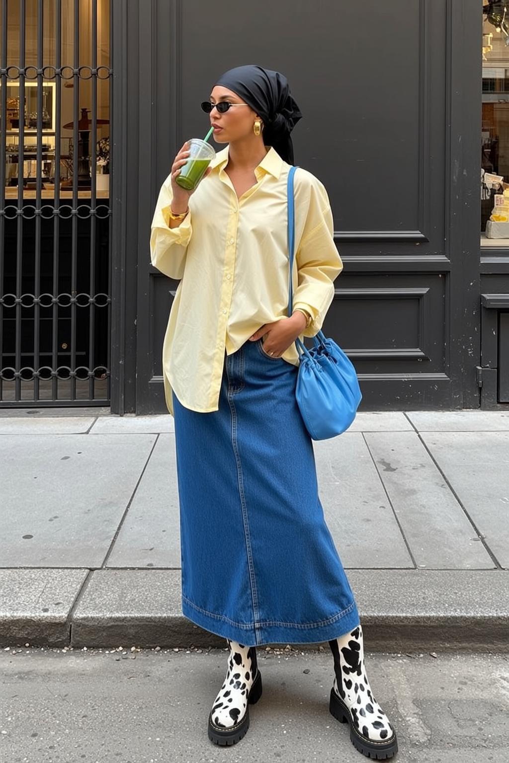 Blue Drawstring Bag Oversized Pale Yellow Urban Street In Paved