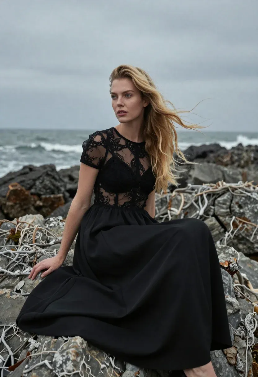 Moody Portrait Woman Sitting Rugged Rocks The Sea Subject Fair-skinned