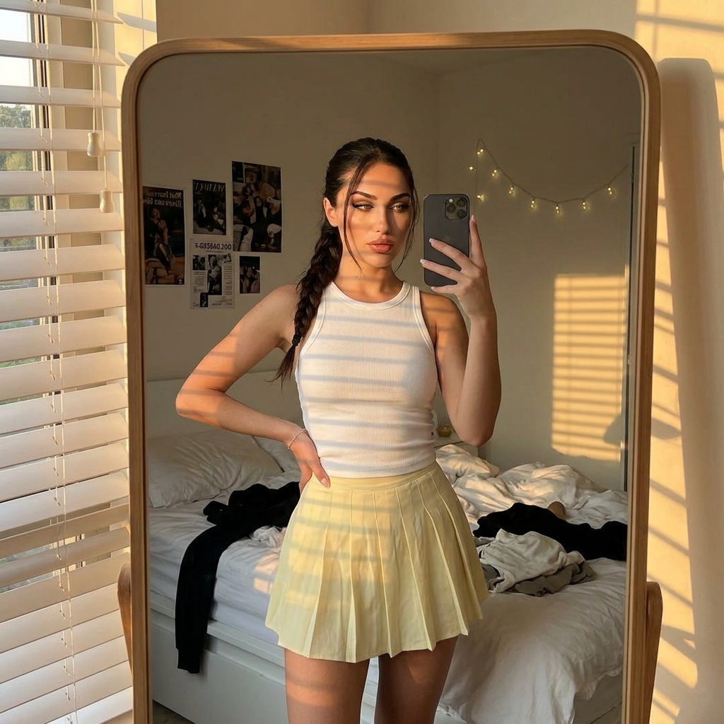 A woman taking a full-body mirror selfie in a stylish bedroom, wearing a fitted white ribbed tank top and pale yellow mini skirt.