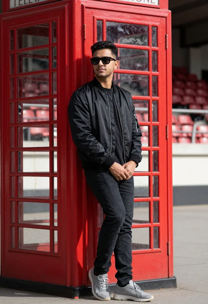 Man Stands Leaning Against Large Red Telephone Booth Urban Setting