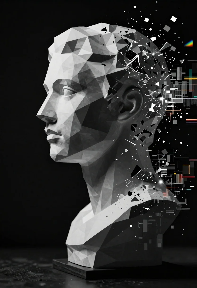 Digital Art Bust Figure With Short Hair Composed Low-poly Geometric reference photo