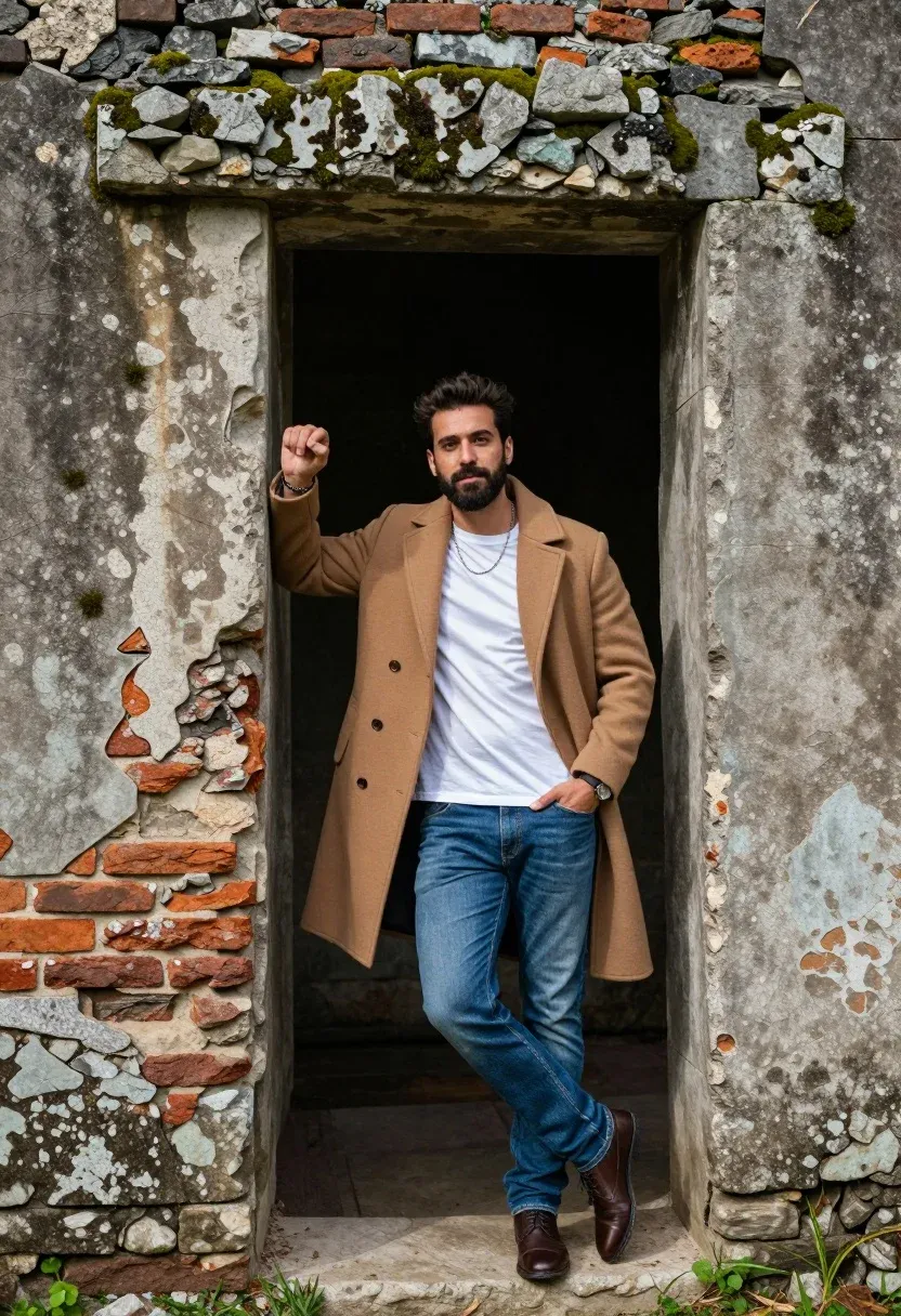 Man Stands Confidently The Arched Doorway Weathered Stone Ruin Subject
