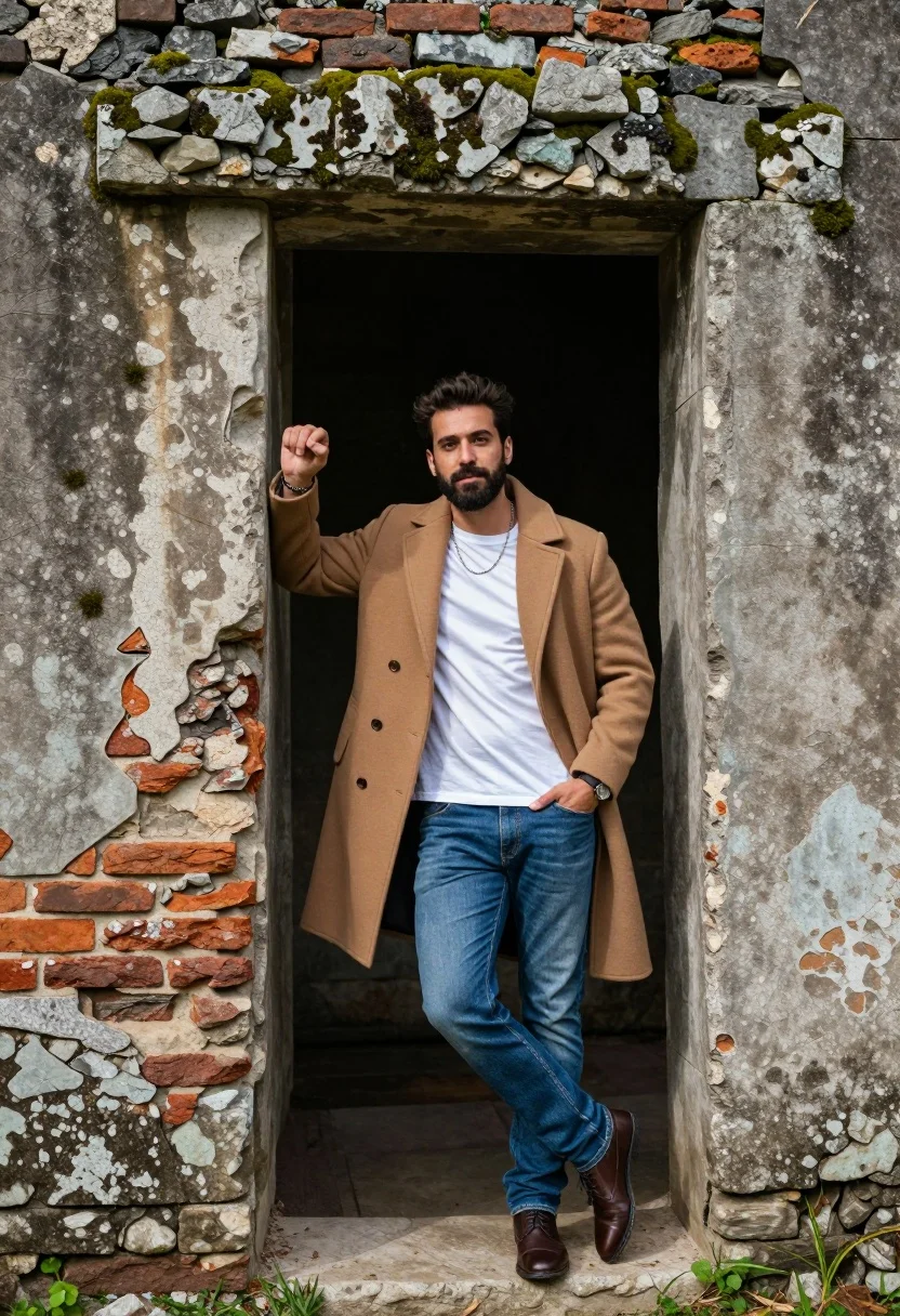 A confident man stands in a weathered stone archway, illuminated by soft natural light, showcasing the texture of the ruins.