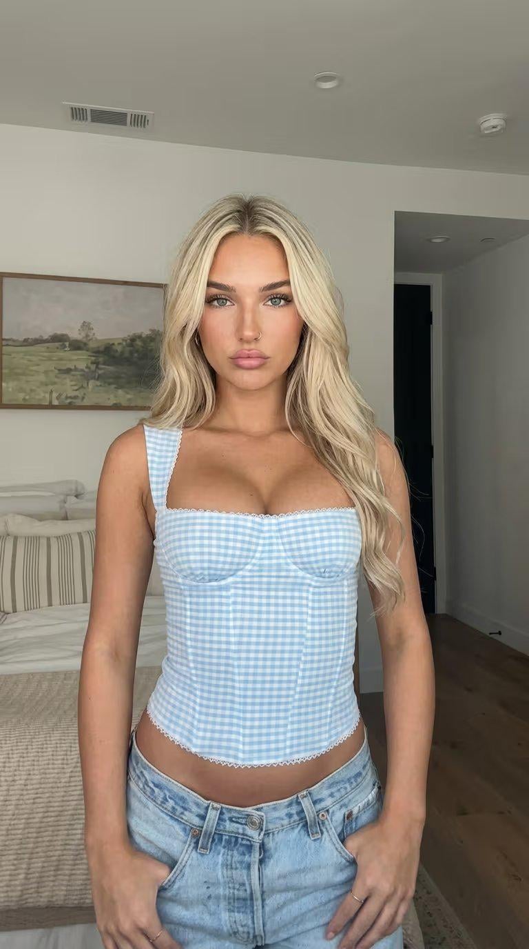 Gingham Corset Bedroom Natural Light Pose