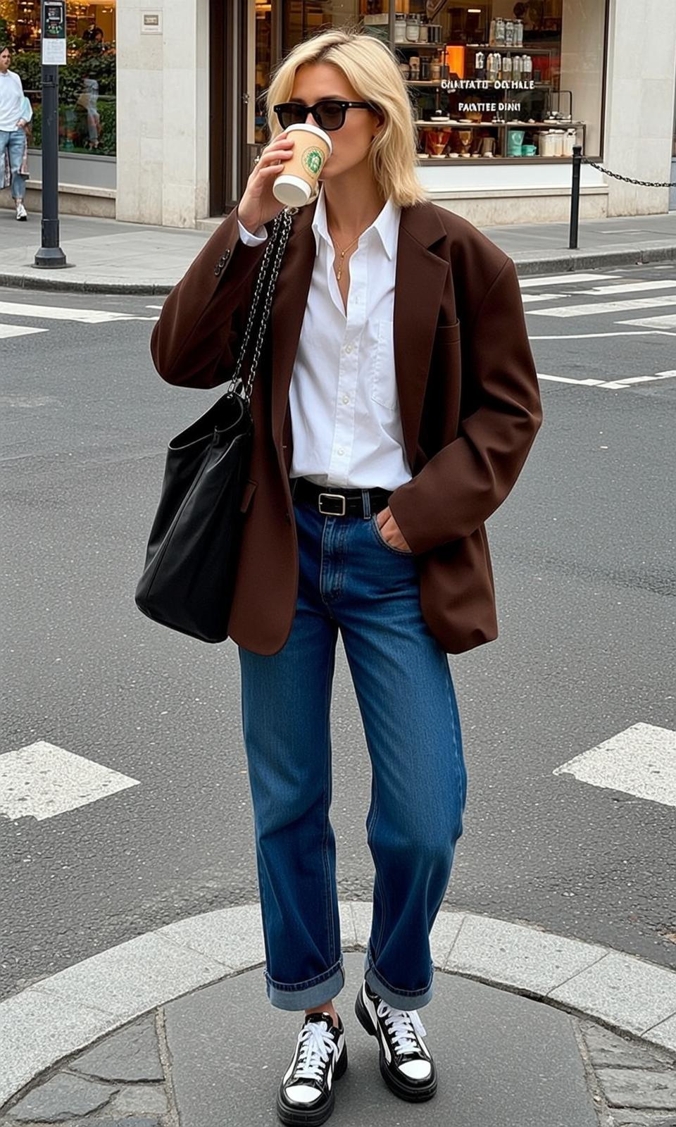 Autumn Stands Crosswalk Holding Coffee Cup Her