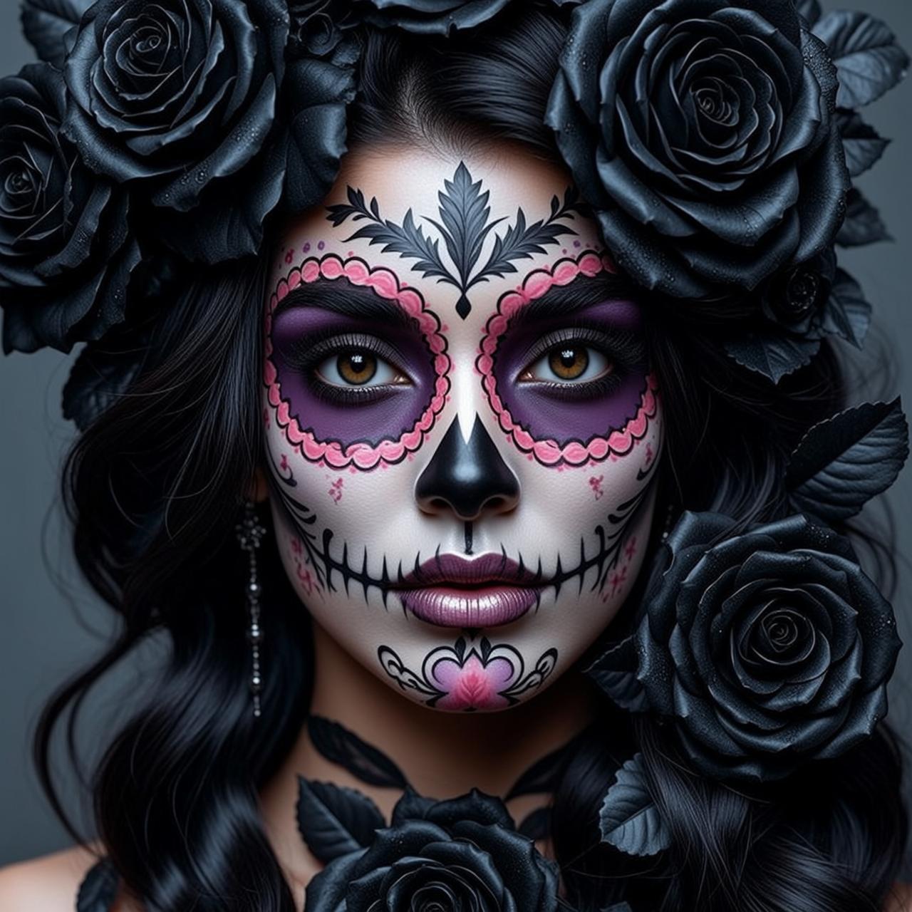 Halloween Makeup Sugar Skull Long Wavy Black