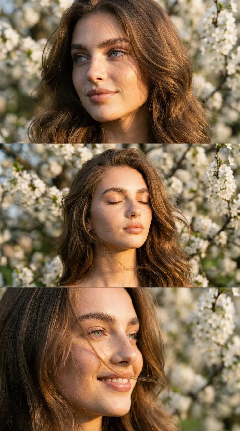Photorealistic Vertical Fused Collage Three Frames Blooming Tree