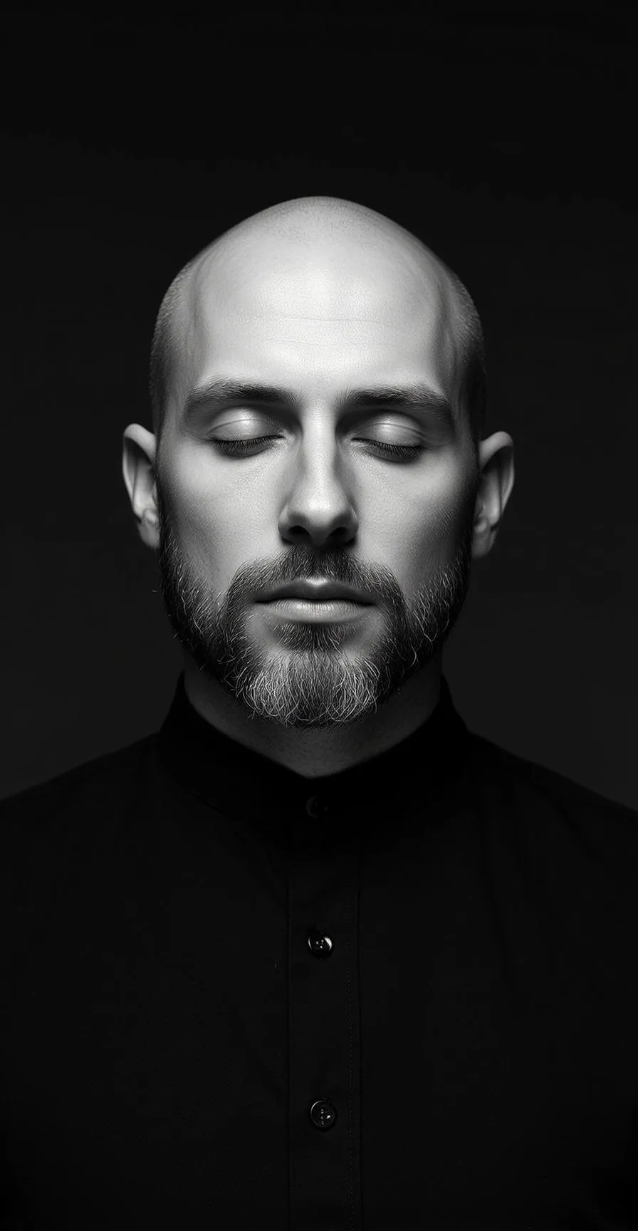 Vertical Photorealistic Black And White Portrait Bald Man With Full