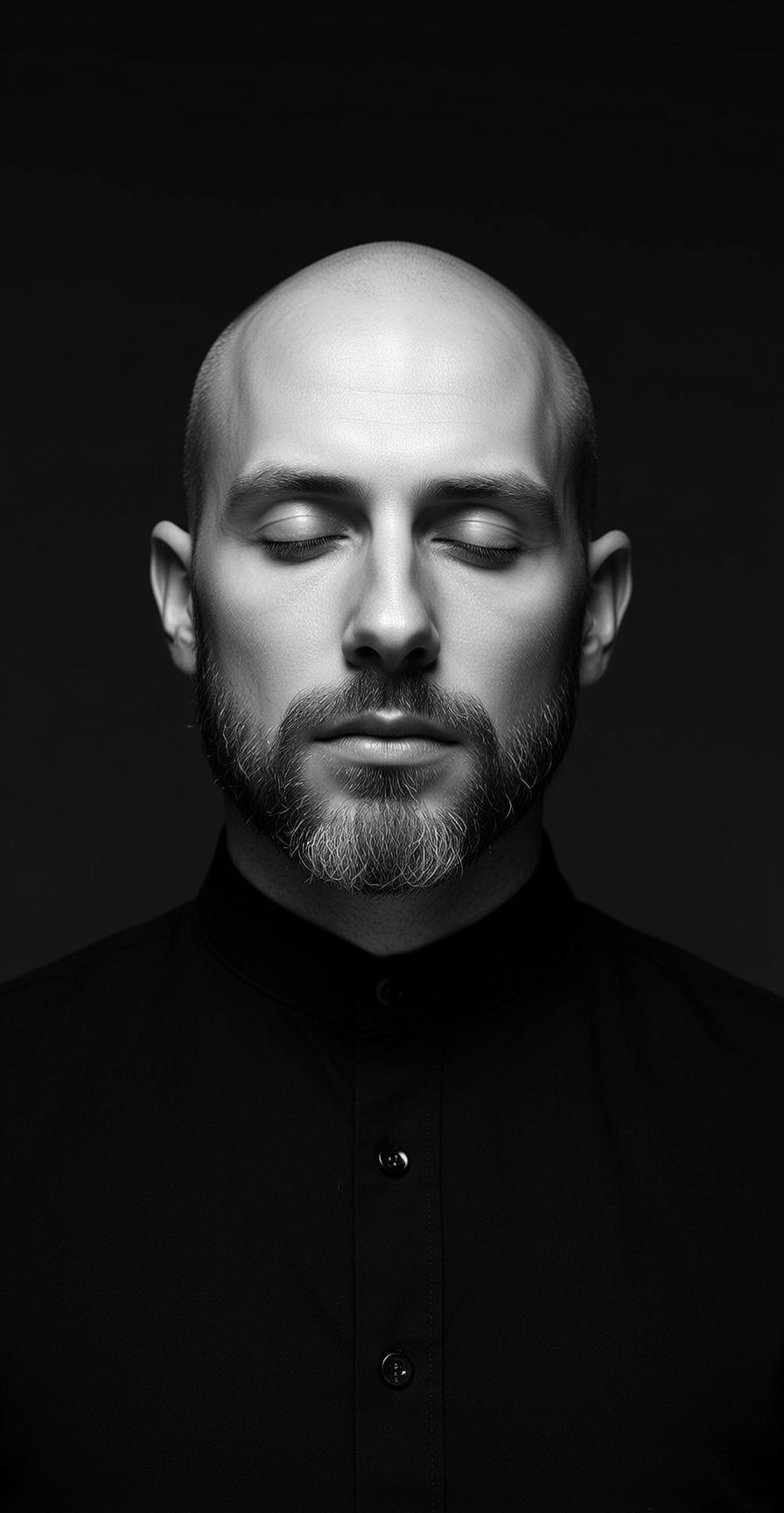 Vertical Photorealistic Black And White Portrait Bald Man With Full