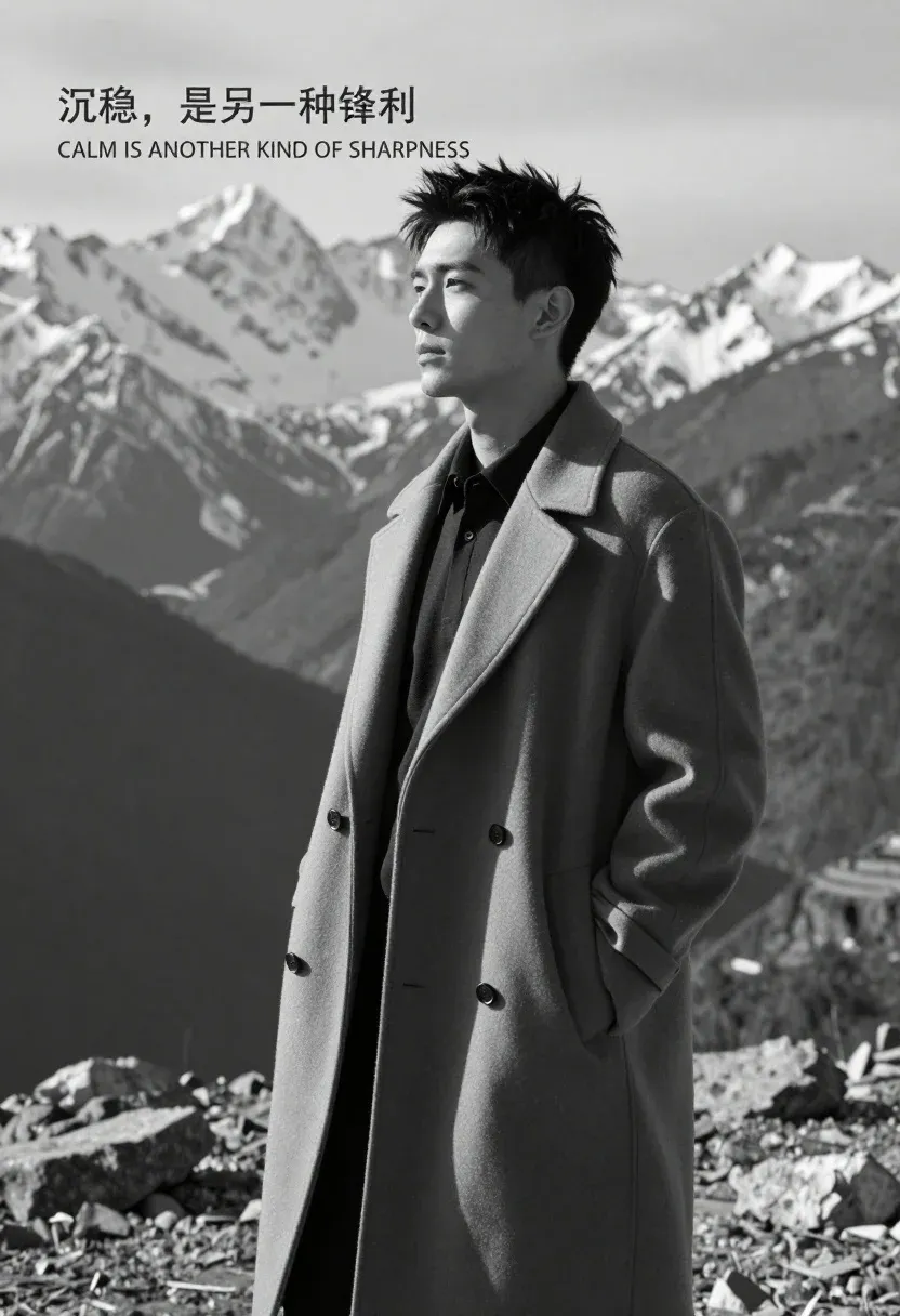 Black And White Portrait Handsome Man Standing Profile Against Backdrop