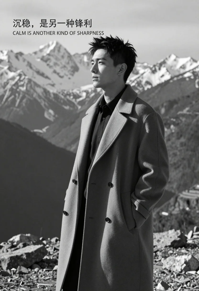 Black And White Portrait Handsome Man Standing Profile Against Backdrop