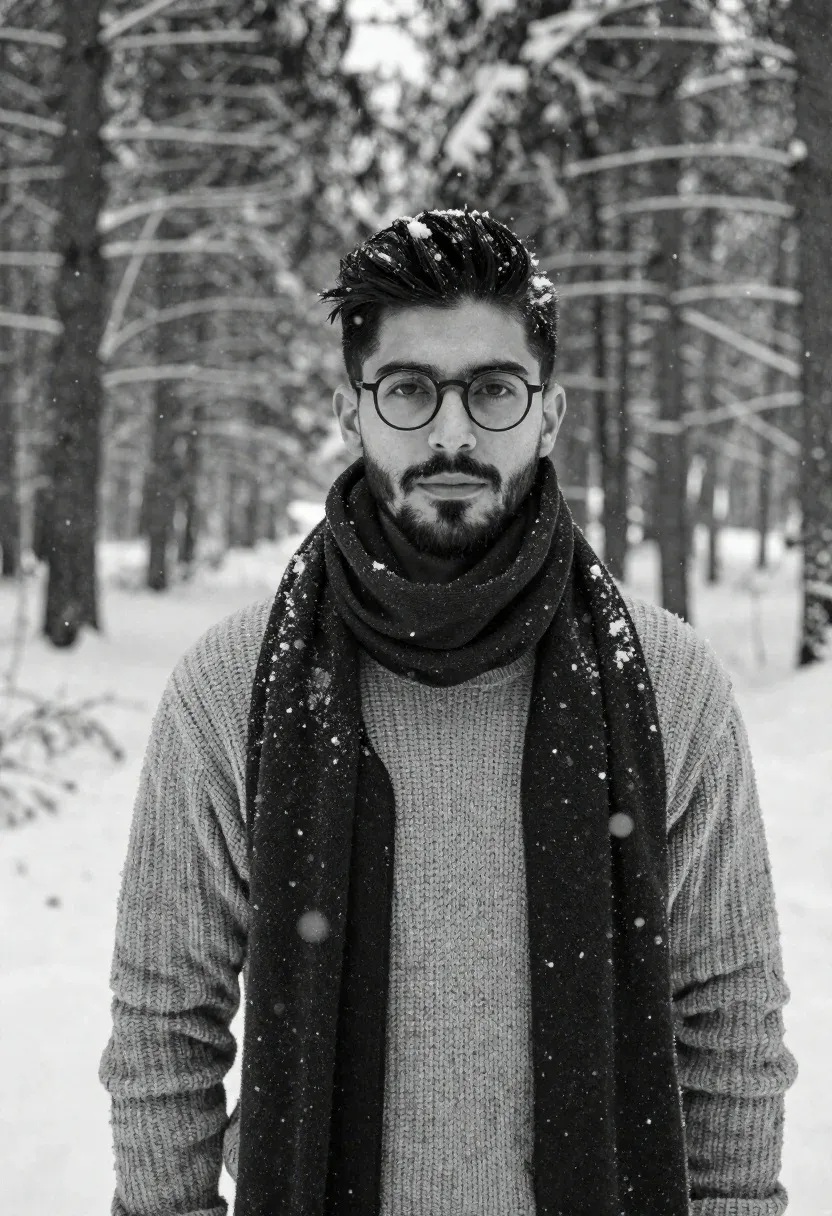 Black And White Portrait Young Man Standing Snowy Forest With