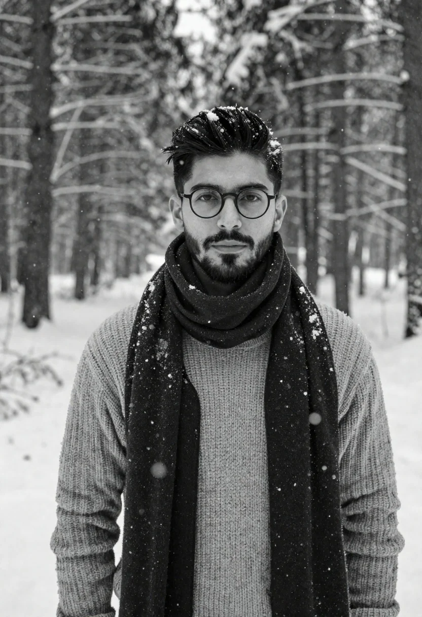 Black And White Portrait Young Man Standing Snowy Forest With