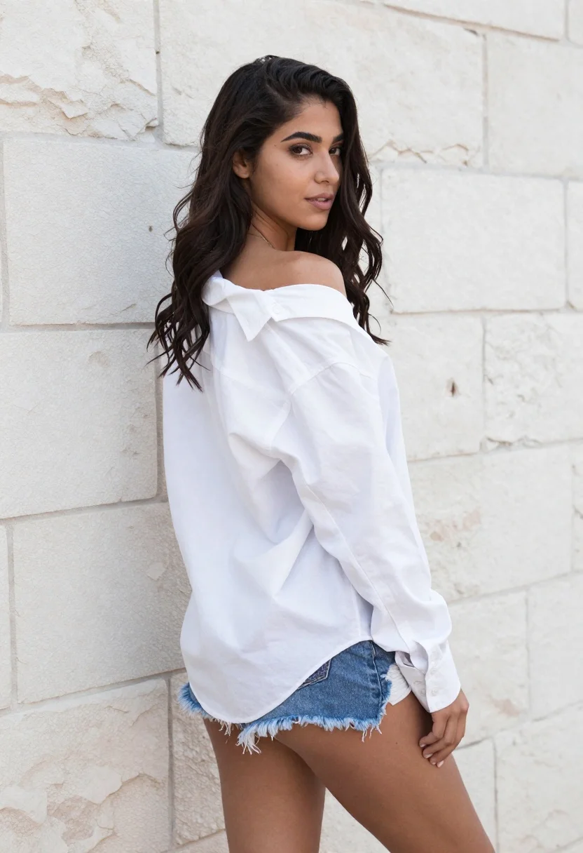 Young Woman With Long Dark Wavy Hair Stands Profile Against reference photo