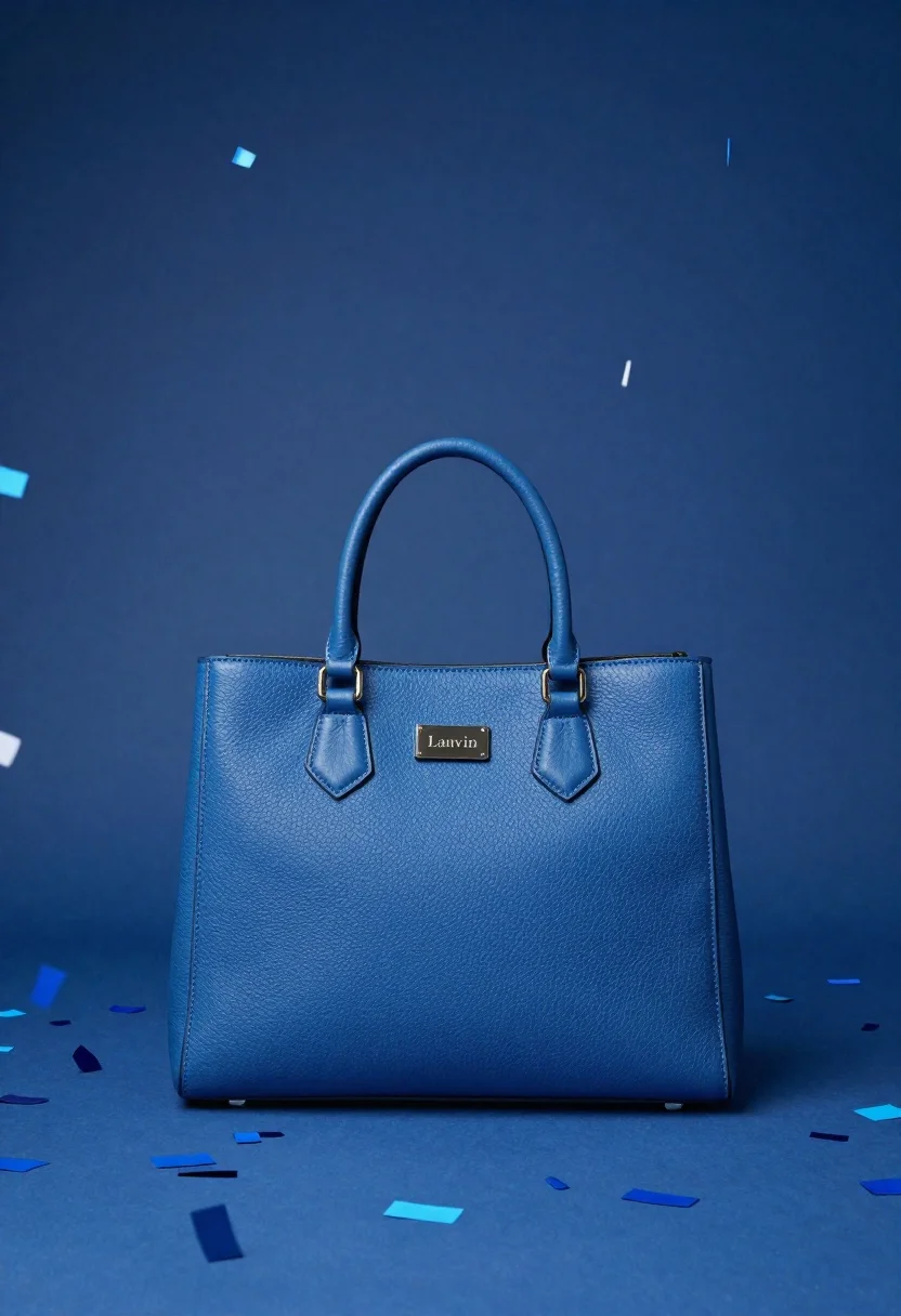 Vibrant Blue Handbag Stands Centered Against Dynamic Backdrop Falling And