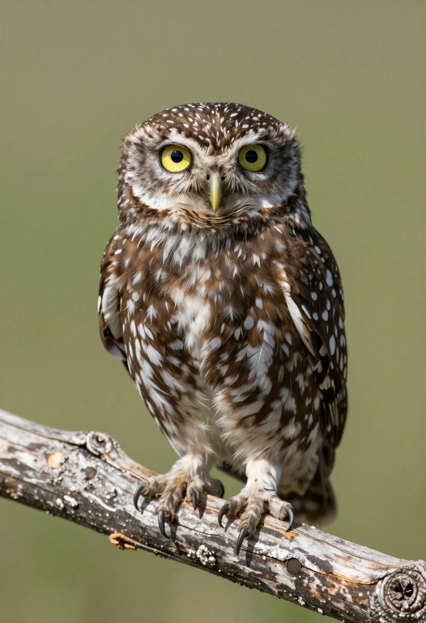 Small Owl Perched Weathered Wooden Branch With Intense Yellow Eyes