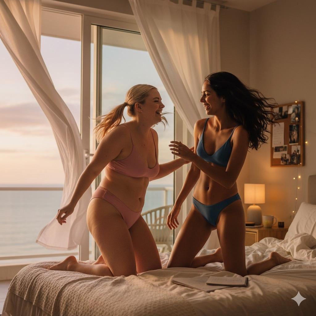 Realistic Student Bedroom Golden Hour Two Women reference photo