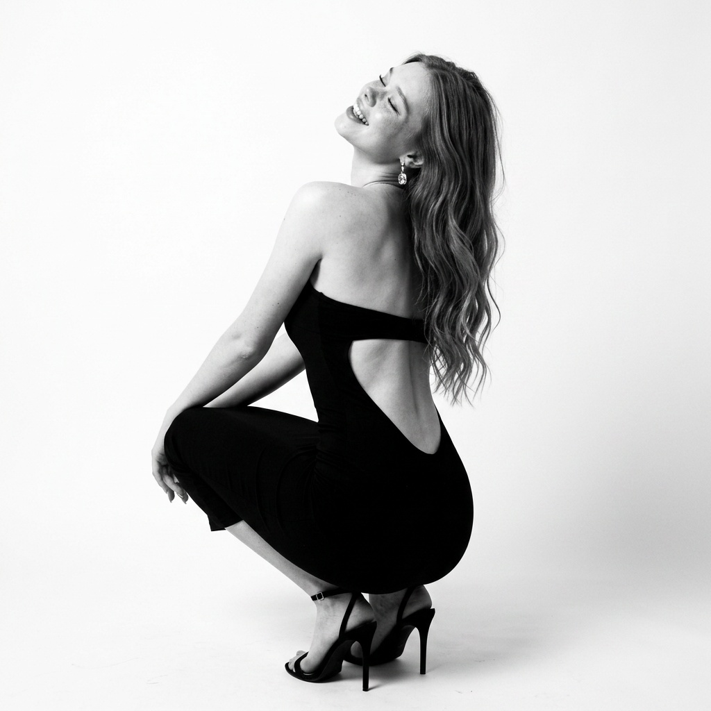 Black And White Studio Pose Ecstatic Woman