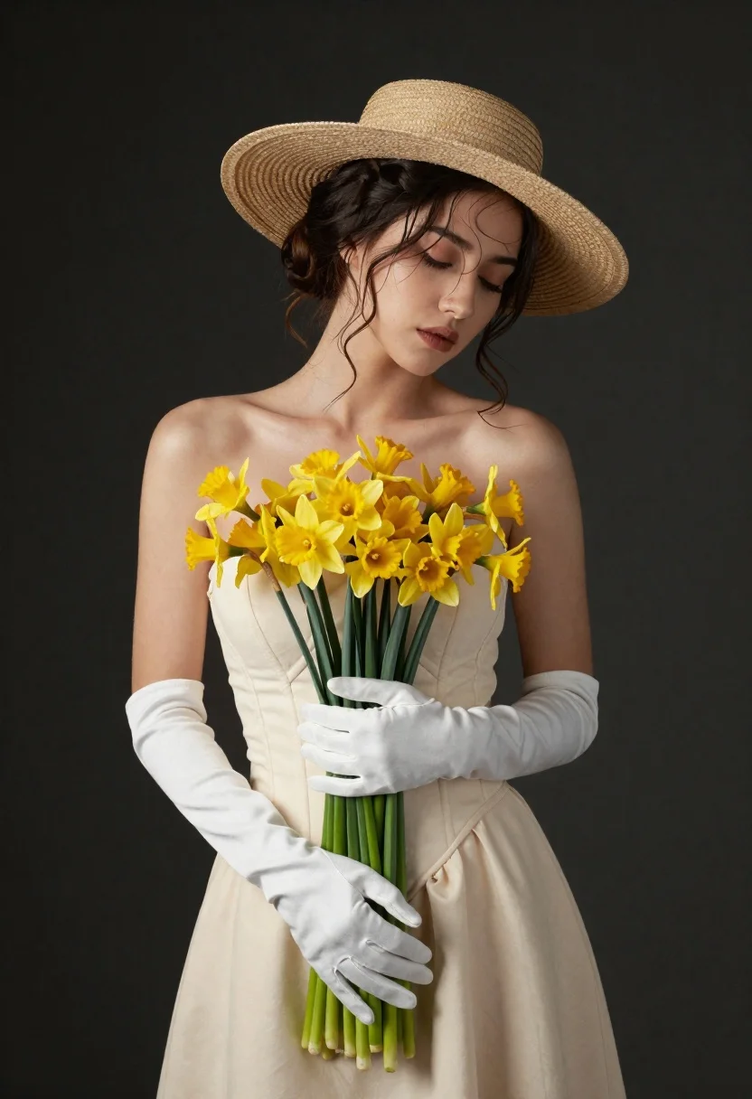 Graceful Woman Stands Studio Setting Holding Bouquet Vibrant Yellow Flowers