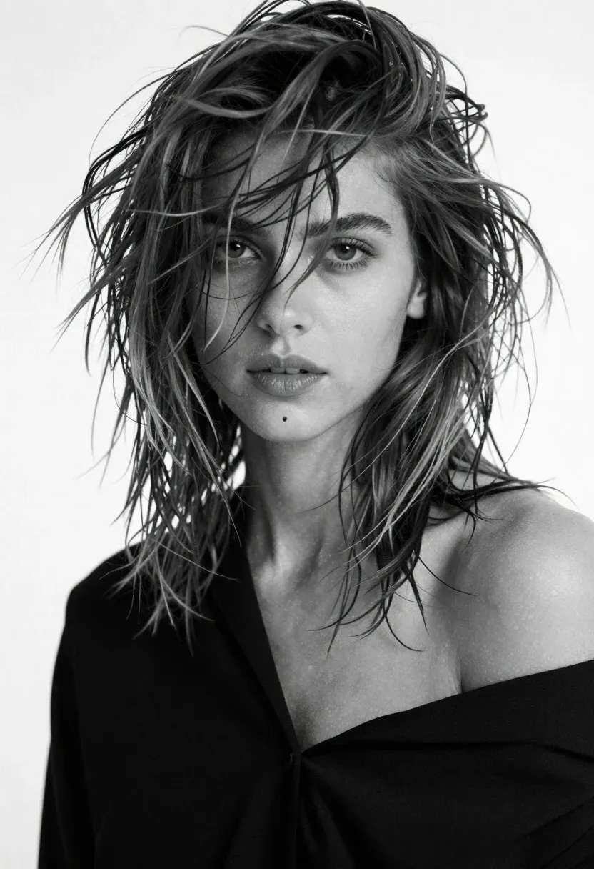 Black And White Portrait Woman With Messy Hair Falling Over