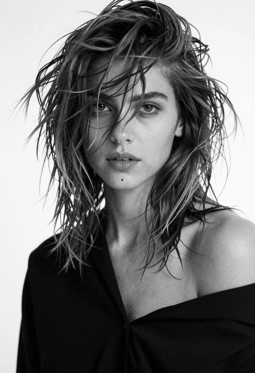 Black And White Portrait Woman With Messy Hair Falling Over reference photo