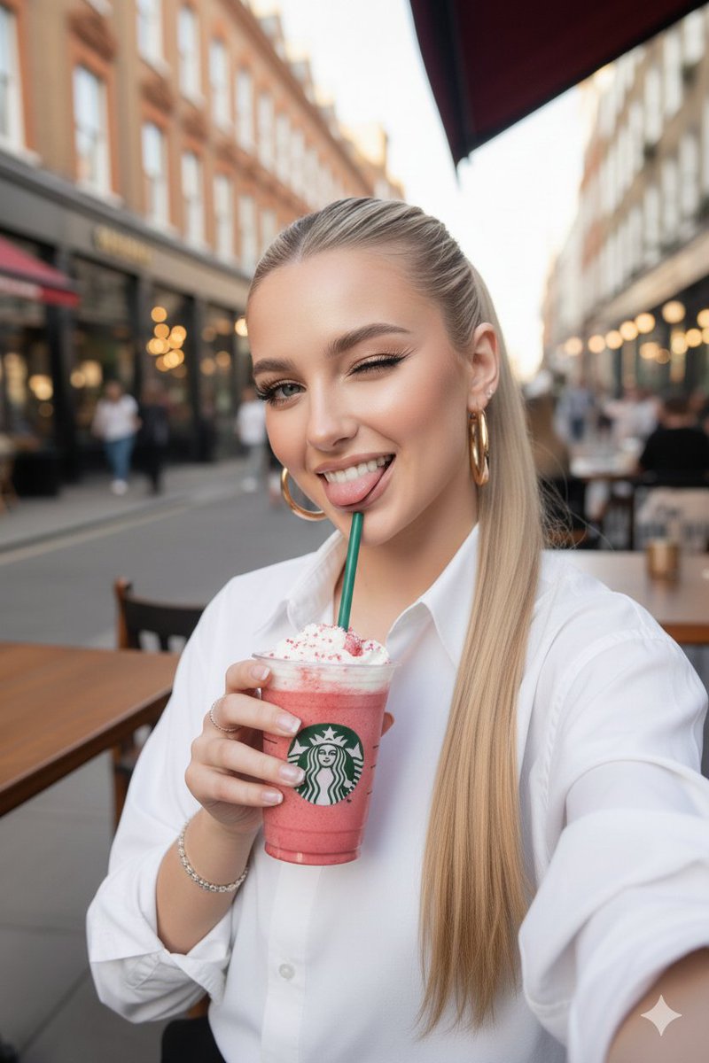 Ultra-realistic selfie of a young woman with striking blue eyes, golden hour lighting, sipping a pink smoothie at an outdoor café.