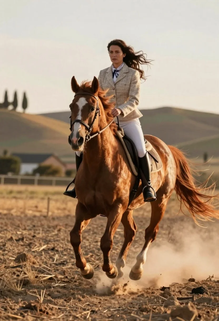 Woman Rides Chestnut Horse Gallop Across Dusty Field Under Soft
