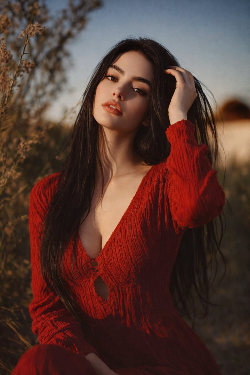 A young woman with long black hair in a deep red dress, seated in a warm, natural outdoor setting, soft sunlight illuminating her calm expression.