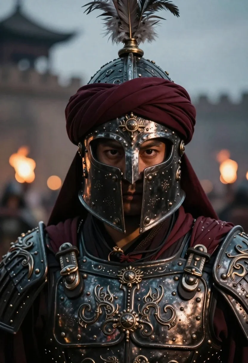 Cinematic Close-up Portrait Heavily Armored Warrior With Intense Gaze And reference photo