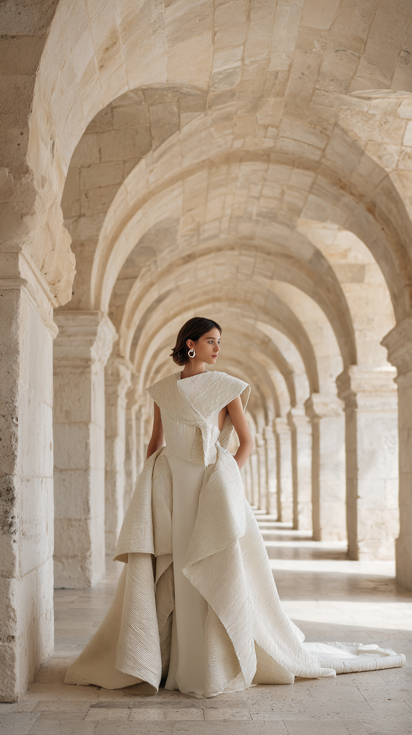 A person in a cream avant-garde gown stands in a long stone vaulted corridor, showcasing an elegant silhouette.