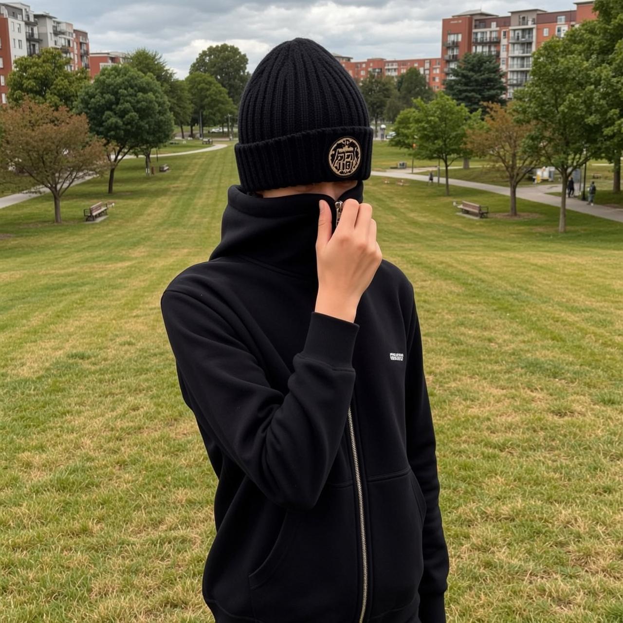 Black Zip-up Hoodie Knitted Beanie Circular Emblem