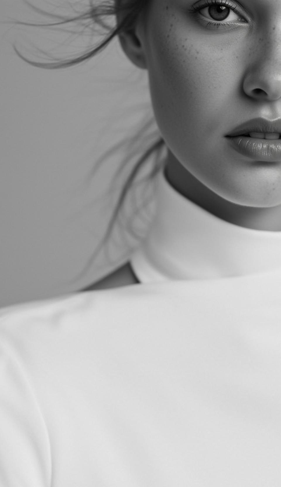 Close-up Vertical Black And White Photorealistic Portrait Shows The Right