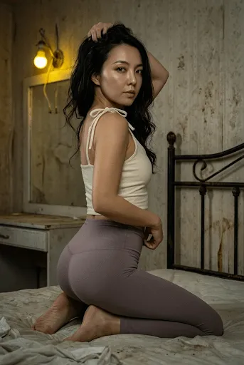 Kneeling On Stained Mattress Dimly Lit Room Profile