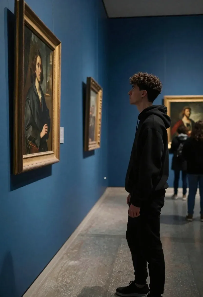 Young Man Stands Museum Gallery Looking Large Framed Portrait The