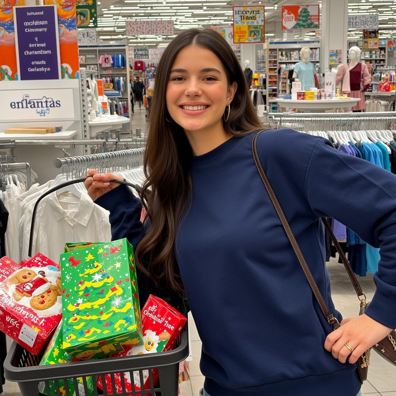 Christmas Shopping Woman Smiling With Gift Basket