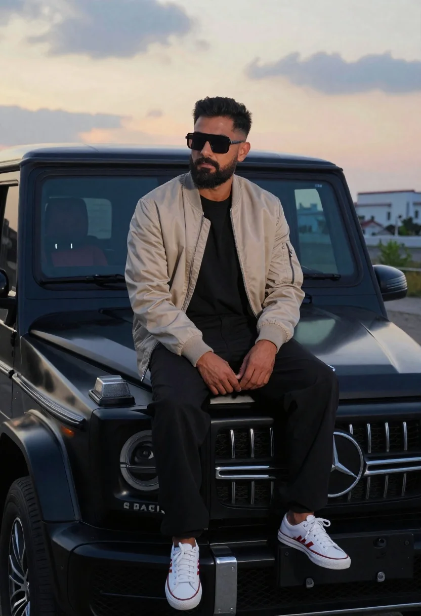 Photo Man Sitting The Hood Matte Black Mercedes G-wagon Outdoor reference photo