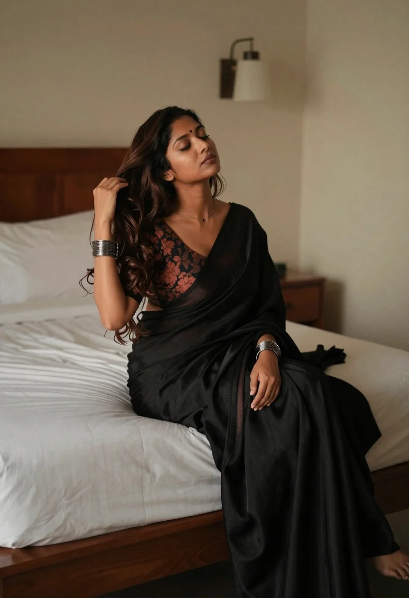 Woman Sits The Edge Bed Softly Lit Room Her Eyes reference photo