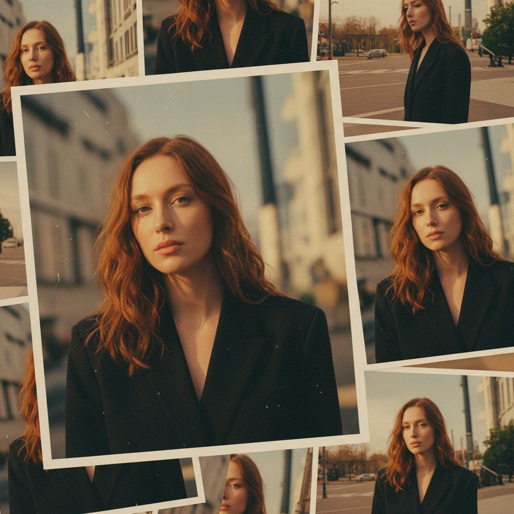 A vintage-style collage of a subject in a black blazer, captured in a warm urban sunset with film grain.