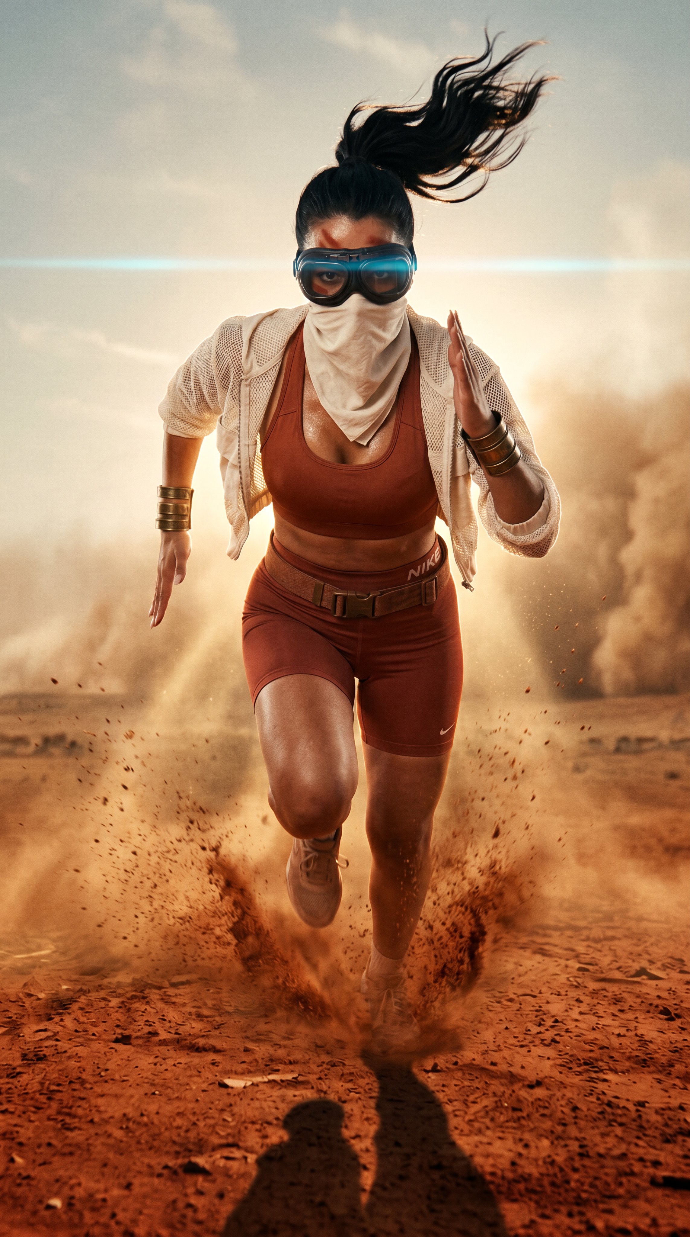 Dusty Arid Landscape Runner Futuristic Goggles Metallic Bracelets