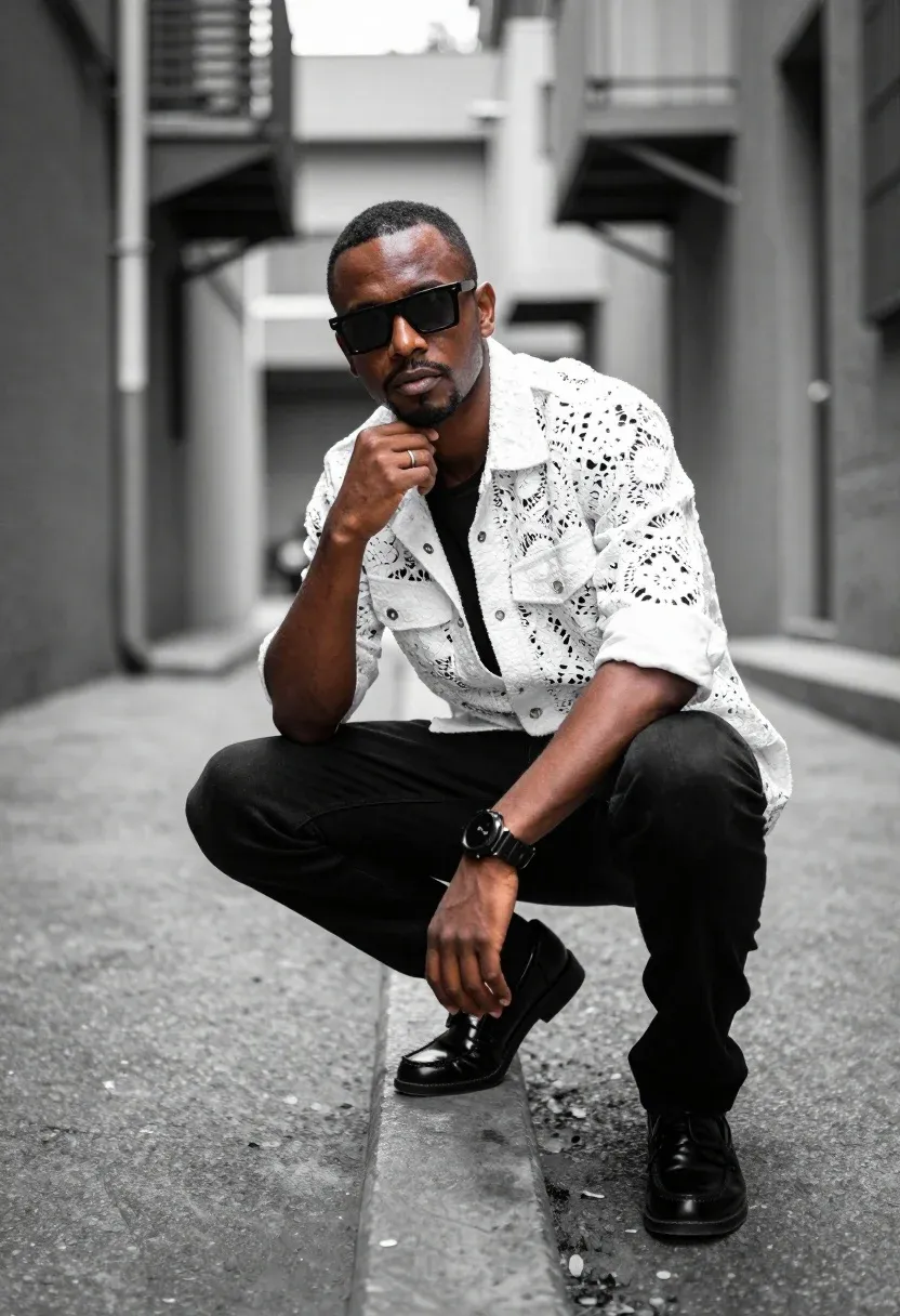Man Crouching Confidently Concrete Curb Urban Alleyway Subject Man With